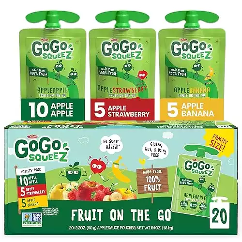 GoGo squeeZ Fruit on the Go Variety Pack, Apple Apple, Apple Banana, & Apple Strawberry - 20 Pouches